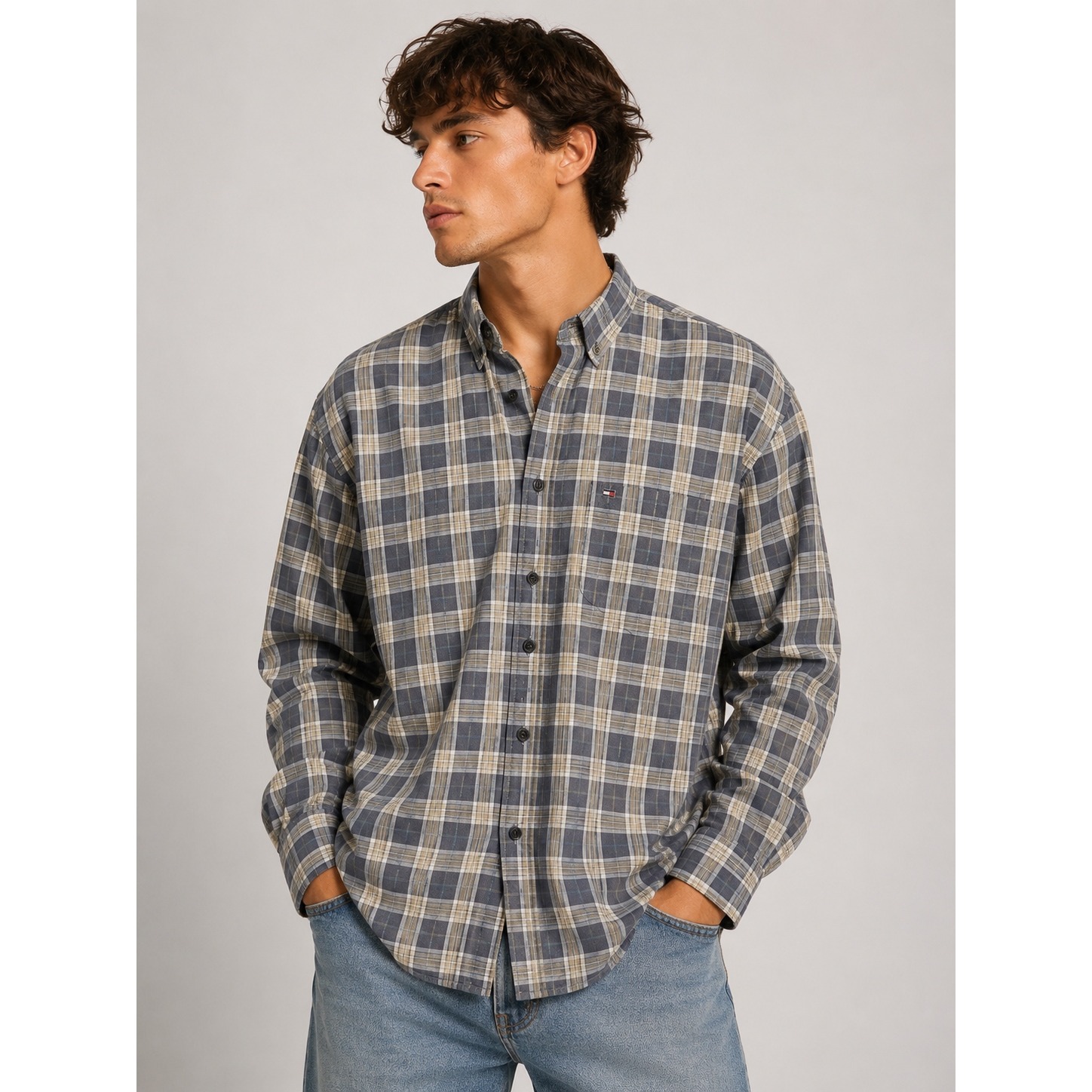 Tommy Hilfiger Mens Xl Plaid Button Down Shirt Blue Tan Cotton Long Sleeve